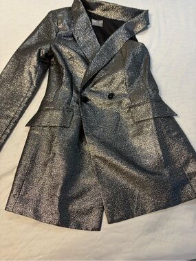 Metallic Silver Women's Double-Breasted Blazer Coat